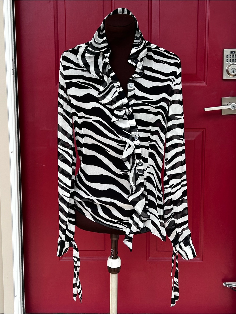 DOLCE & GABBANA sXS semisheer SILK zebra shirt-asymmetrical Ruffle-ties at cuffs